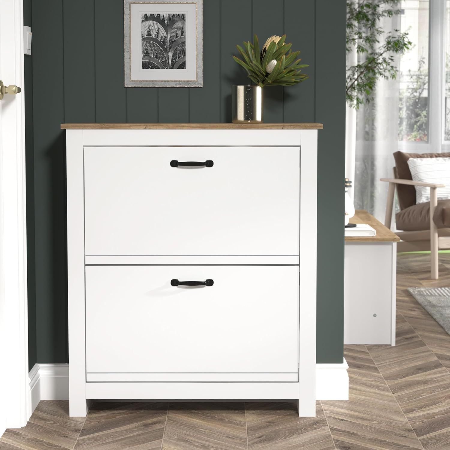 Galano Laverton Shoe Cabinet – 2-Door Storage Organizer for Hallway, Entryway or Living Room (White/Oak)
