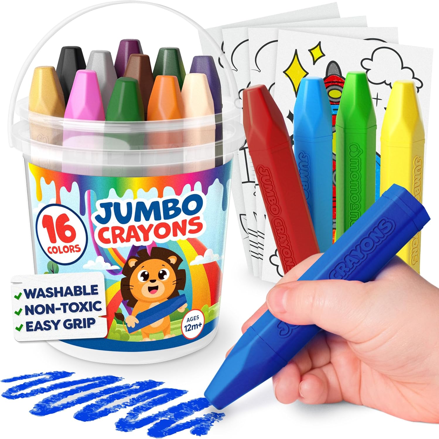 Jumbo Crayons For Toddlers 1-3 - 16pc Toddler Baby Crayons For Kids Ages 4-8 1-3 2-4 - With Printed & PDF Coloring Sheets - Non Toxic, Washable, Easy To Grip Classroom Must Haves