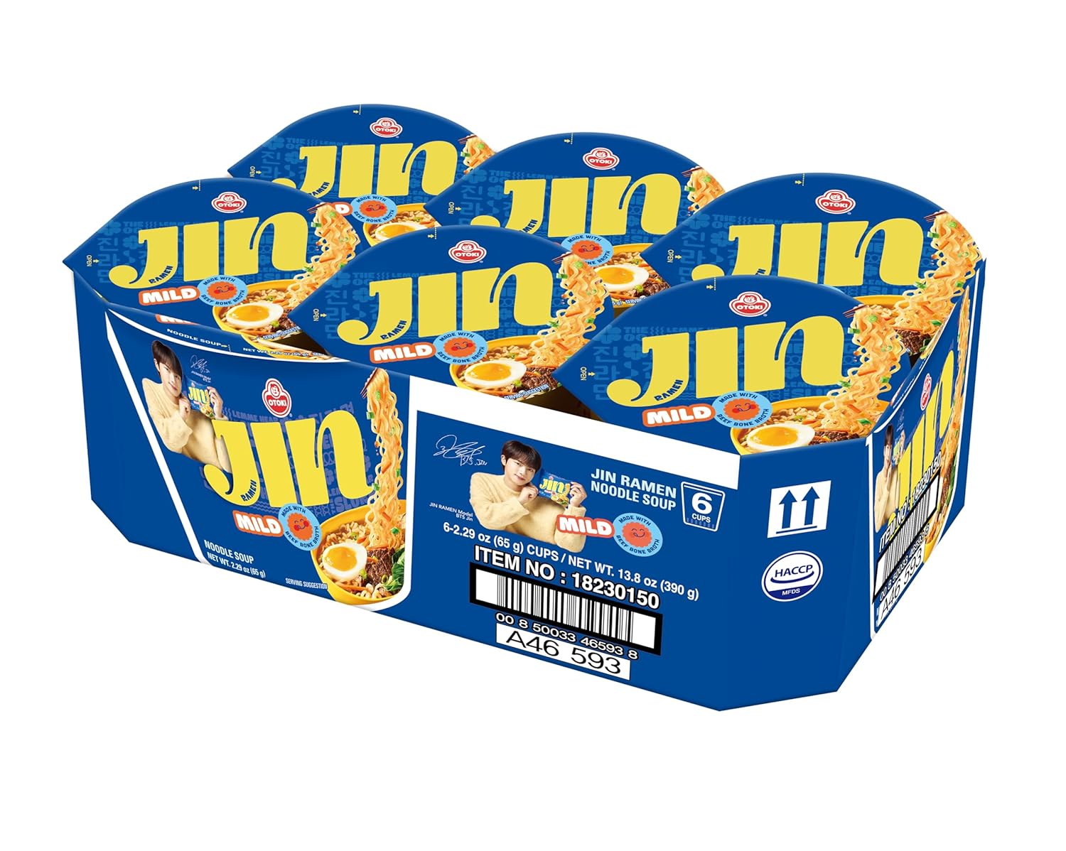 OTOKI Jin Ramen Mild Cup Noodles, BTS Jin & JIN Ramen Edition, Authentic Korean Instant Noodles with Beef Bone Broth, Savory & Mild Flavor, Ready in 4 Minutes 2.29oz x 6 Pack