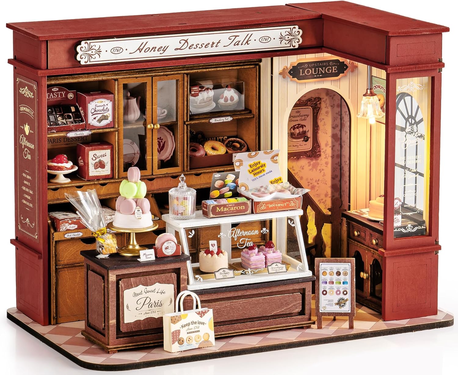 ROBOTIME DIY Miniature House Kit with LED and Furniture Dessert Shop, Wooden Dollhouse Model Building Kit Gift for Children and Adults