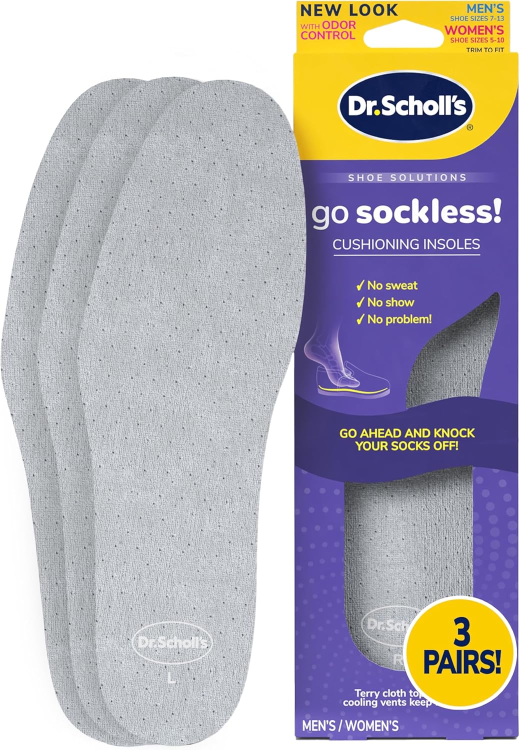 Dr. Scholl's Go Sockless! Cushioning Insoles, Unisex, 3 Pairs, Trim to Fit Inserts