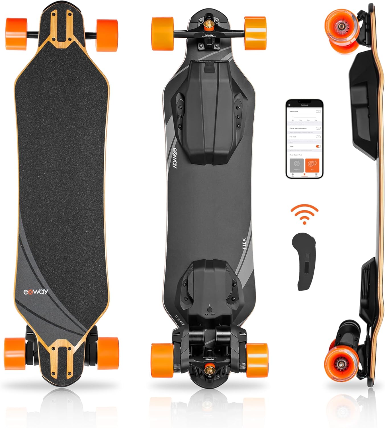 Exway Flex Belt Electric Skateboards with Remote, Top Speed of 25 Mph, 17miles Range, Flexible Tri-Laminate Deck, IP55 Waterproof, Electric Longboard for Adults & Teens
