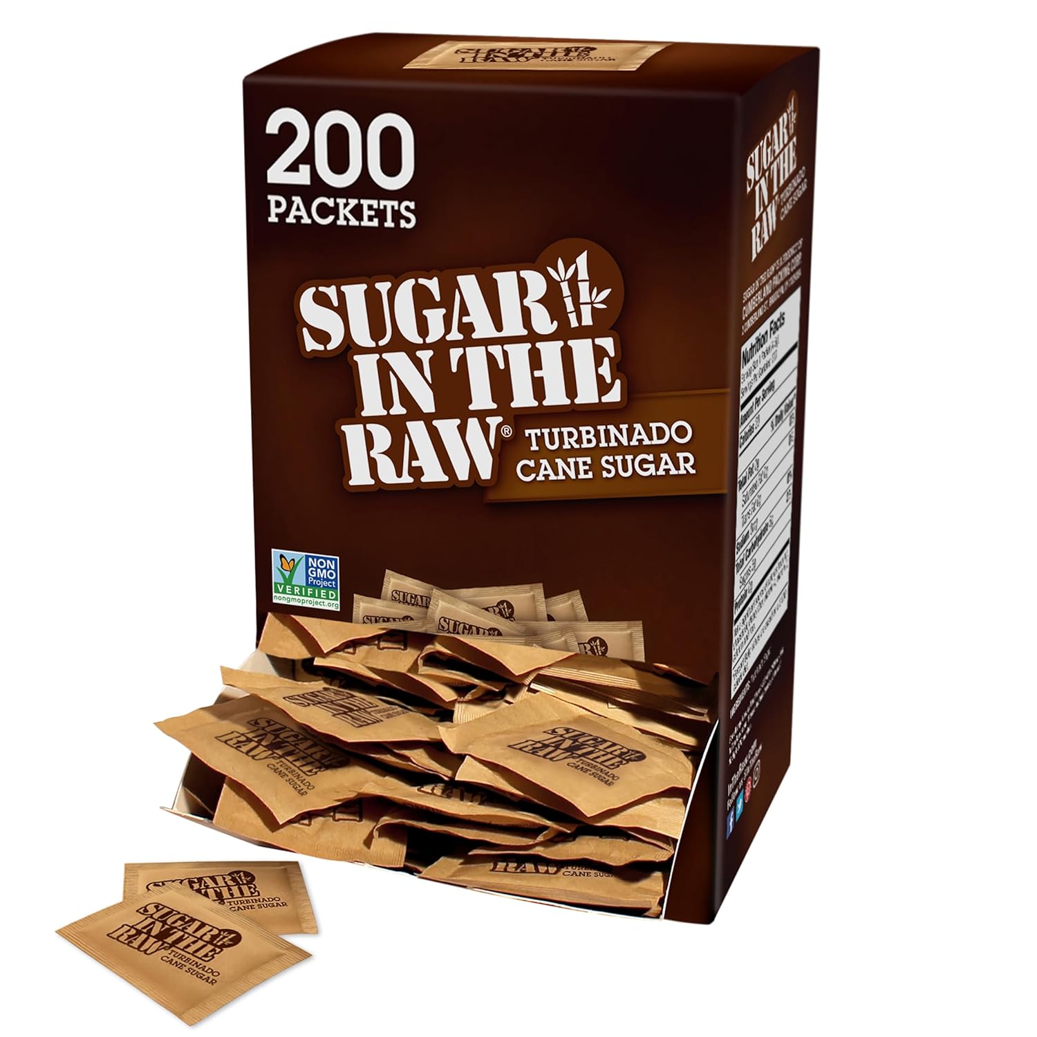 Sugar In The Raw Turbinado Cane Sugar Packets, 200 Ct Box, 1 Pack, Pure, All-Natural Turbinado Sugar, Non-GMO Project Verified, Kosher, Vegan and Gluten Free