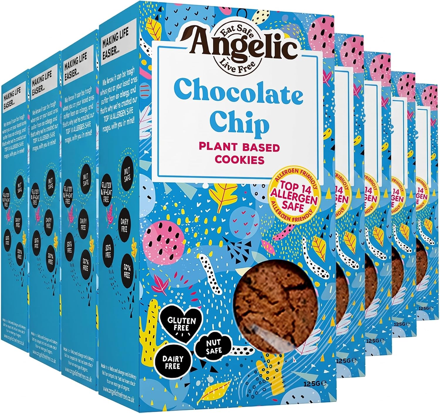 Angelic Free From 8 Pack Chocolate Chip Vegan & Gluten Free Cookies. Dairy, Nuts, Soya, Egg, Peanut & Wheat Free. Allergy Safe Tea Biscuit. Multipack Biscuits Free From Top 14 Allergens. (8 x 125g)