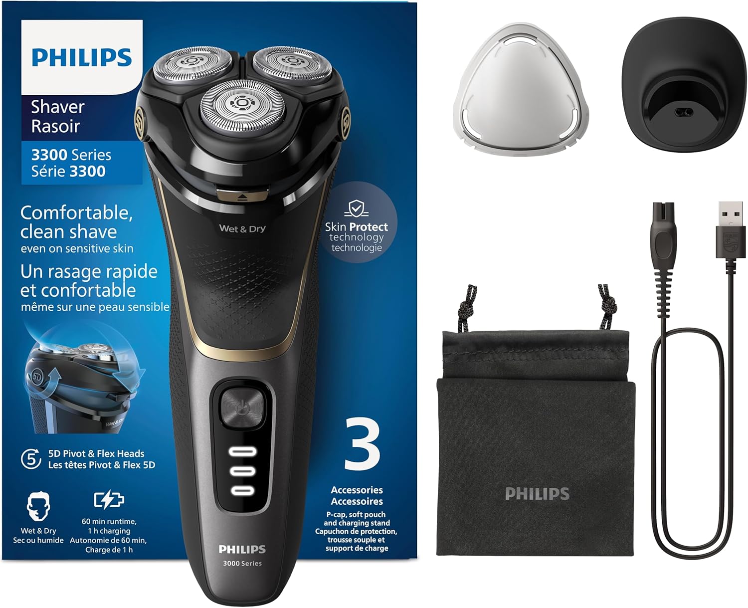 Philips Electric Shaver 3000 Series - Wet & Dry Electric Shaver for Men with SkinProtect Technology in Deep Black, Pop-up Beard Trimmer, Charging Stand, Travel Pouch (Model S3342/13)
