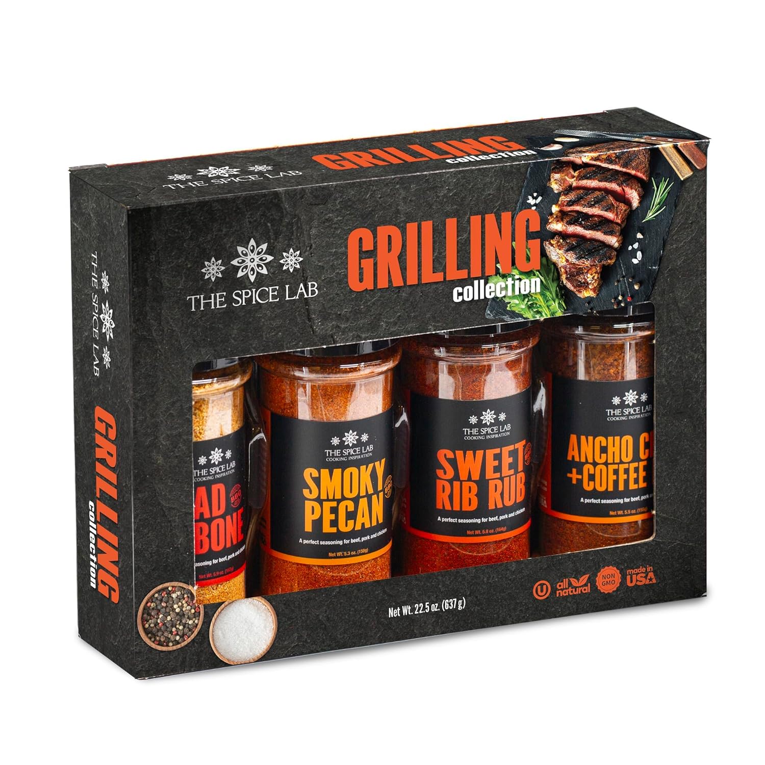 4 Shaker Jars Grilling Gift Box Set of BBQ Premium Grill Seasonings - Ultimate BBQ Accessories Set, a Must for every grill - Our Gourmet Grilling set of BBQ Seasonings for Pork, Beef, Chicken, and Vegetables. Good for all Around Cooking & Air Fryers - Great Gift for Men or a Gift for Dad. (Premium Gift Box) By The Spice Lab