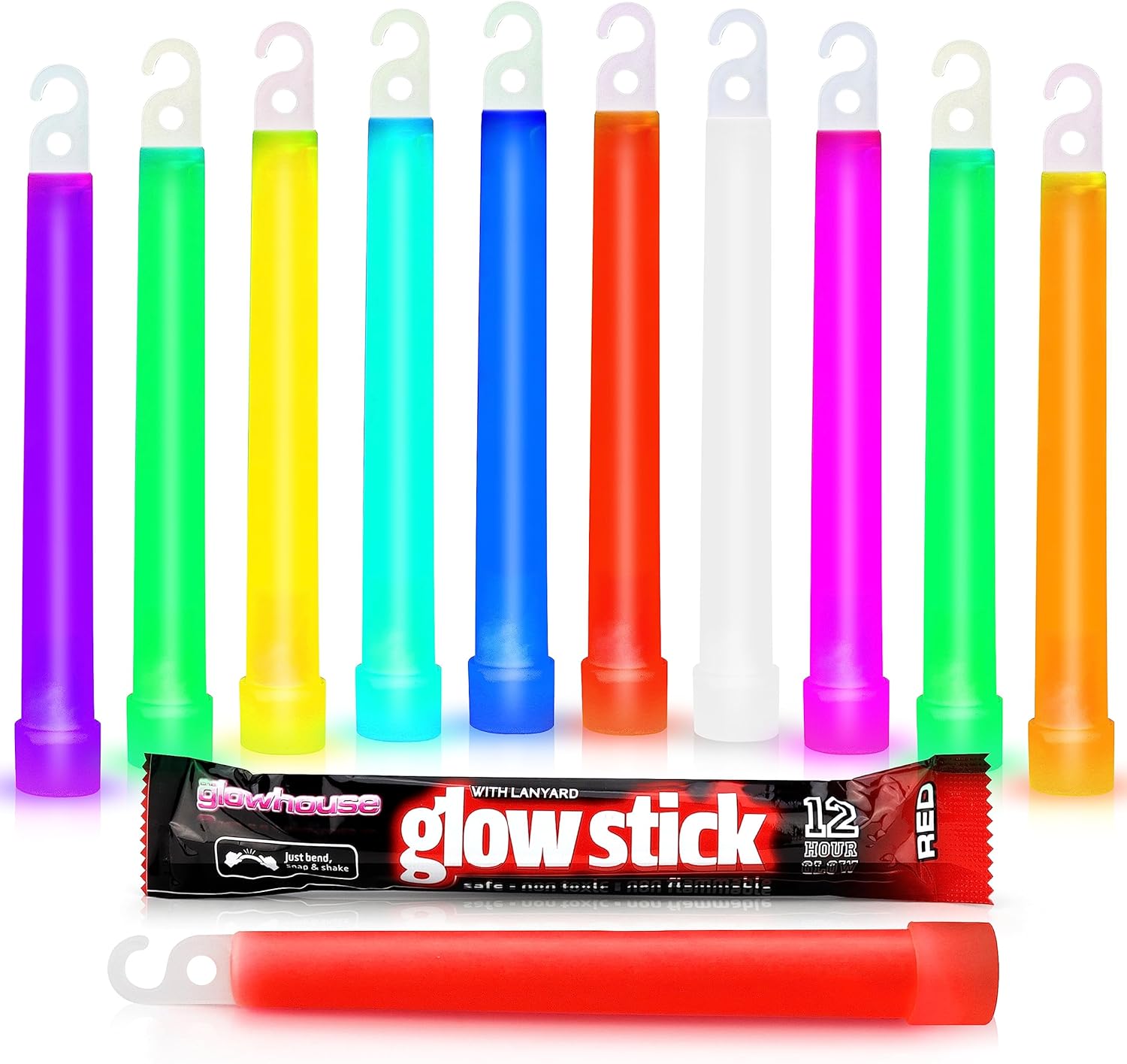 The Glowhouse 6 Inch Premium Glow in the Dark Glow Sticks with Lanyard Assorted Colours Pack of 10