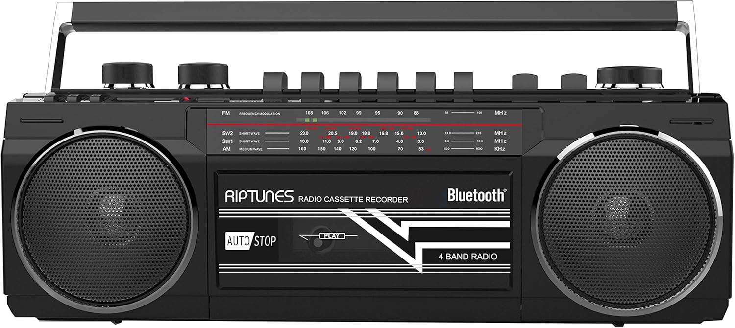 Riptunes Cassette Boombox, Retro Blueooth Boombox, Cassette Player and Recorder, AM/FM/SW-1-SW2 Radio-4-Band Radio, USB, SD, and Aux in, Black