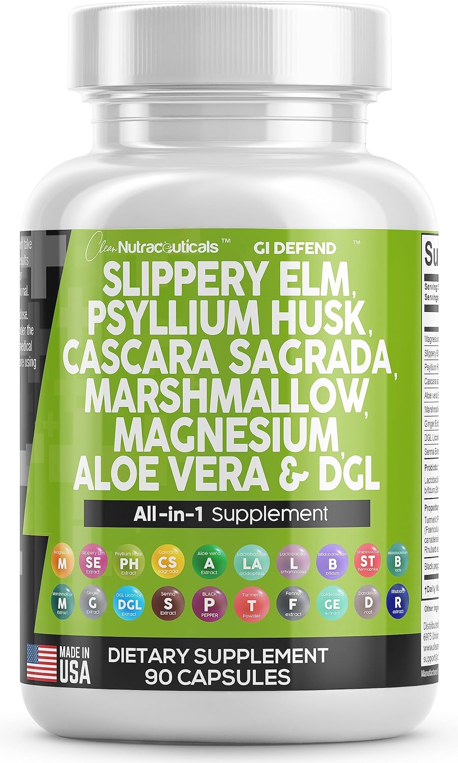 Clean Nutraceuticals Slippery Elm 5000mg Psyllium Husk 2000mg Pre Probiotic Digestive Gut Health Supplement with Aloe Vera Cascara Sagrada 2000mg Marshmallow Root DGL Licorice Senna Extract
