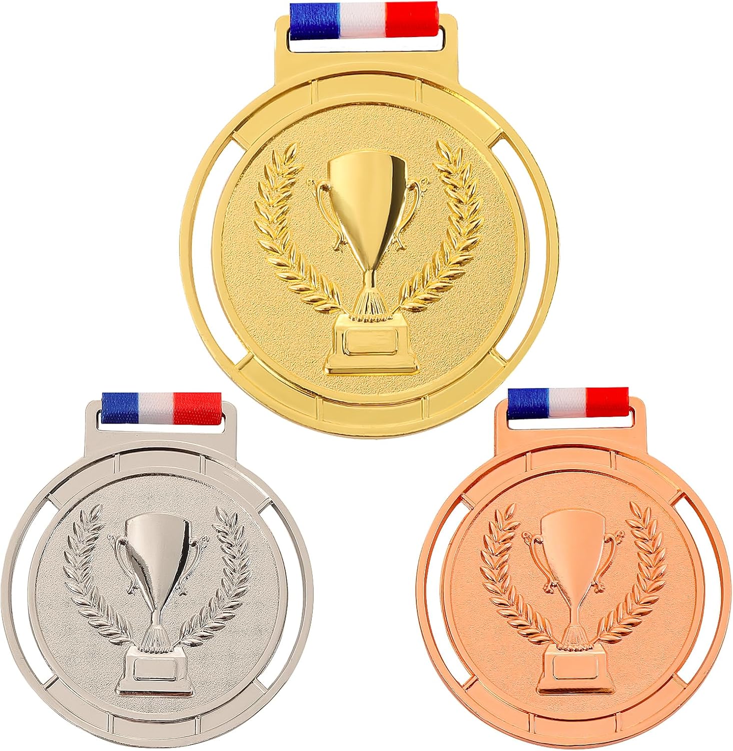 3 Pcs Trophy Style Olympic Medals, 2.55 Inches Gold Silver Bronze Medals for Kids and Adults, Metal Medals with Smooth Ribbon, Winner Medals for Sport Competitions, Award Ceremony, Party