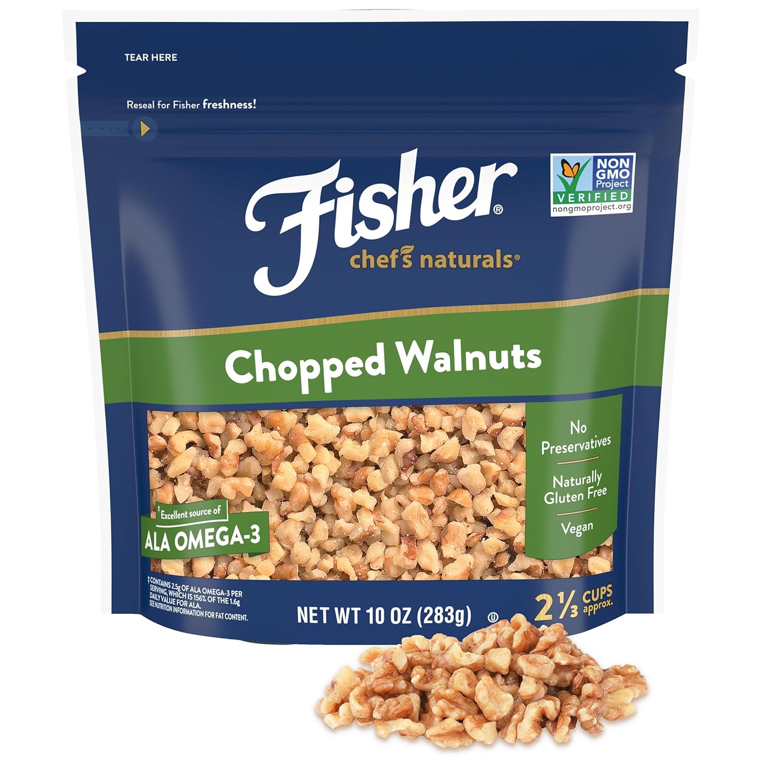 Fisher Chef's Naturals Chopped Walnuts 10 oz, 100% California Unsalted Walnuts for Baking & Cooking, Snack Topping, Resealable Bag, Great with Yogurt & Cereal, Vegan Protein, Keto Snack, Chopped Nuts