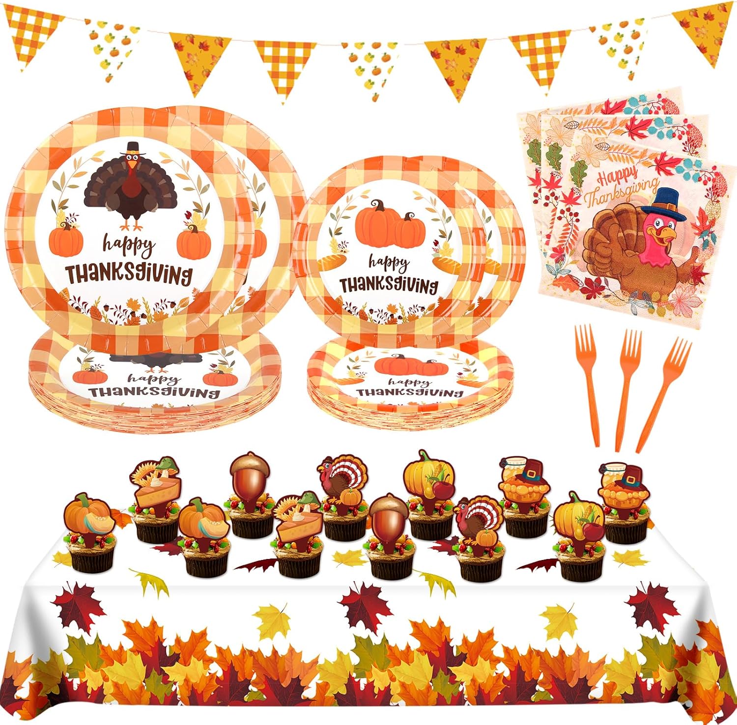 AOKE Thanksgiving Plates and Napkins Sets Thanksgiving Party Supplies Serve 25, Thanksgiving Disposable Dinnerware Sets Turkey Plates Napkins Tablecloth, Cake Topper for Thanksgiving Dinner Supplies