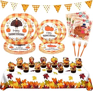 AOKE Thanksgiving Plates and Napkins Sets Thanksgiving Party Supplies Serve 25, Thanksgiving Disposable Dinnerware Sets Turkey Plates Napkins Tablecloth, Cake Topper for Thanksgiving Dinner Supplies