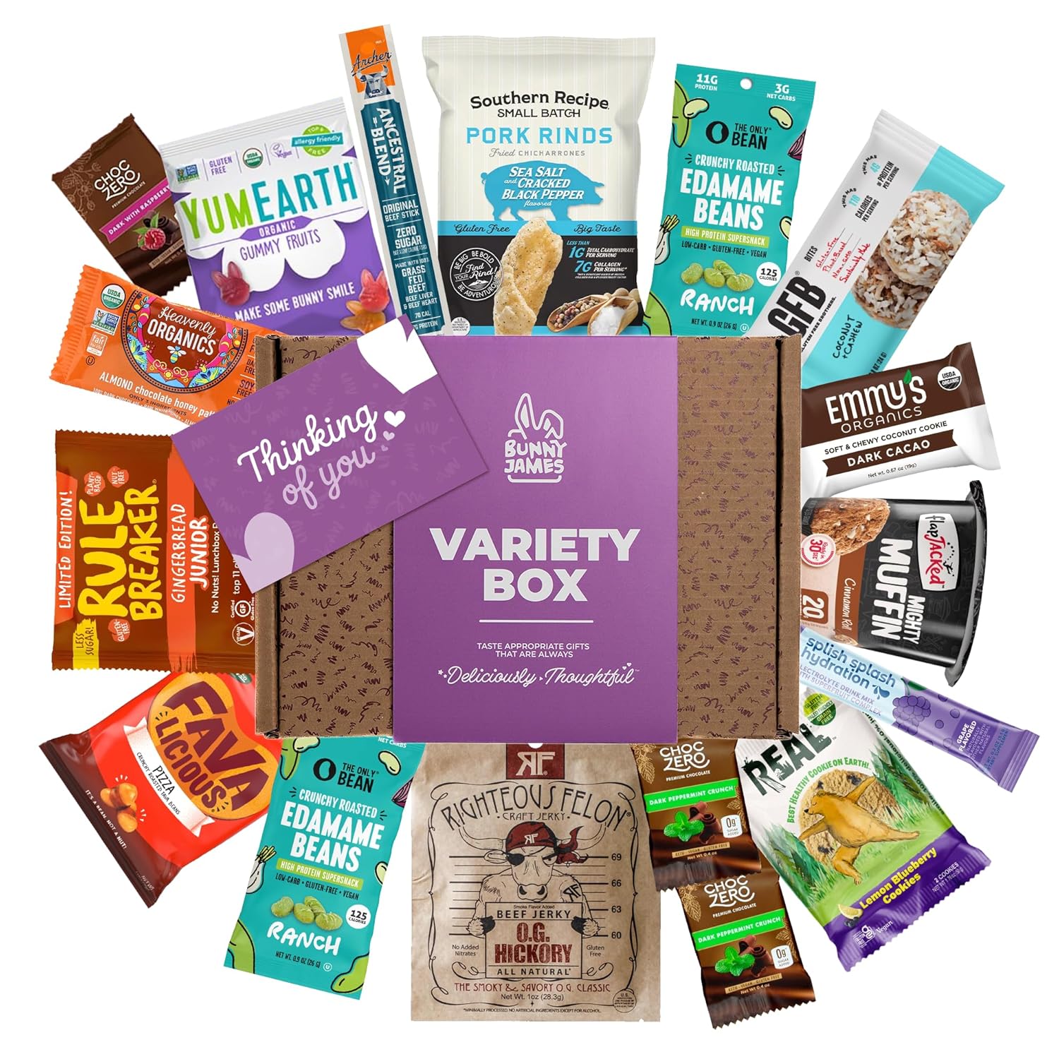 Thinking of You Snack Gift Box – Variety of Sweet & Savory Gourmet Snacks for Adults – Assorted Healthy Treats, Jerky, Cookies, Bars, and Candy – Care Package for Friends, Family, Coworkers