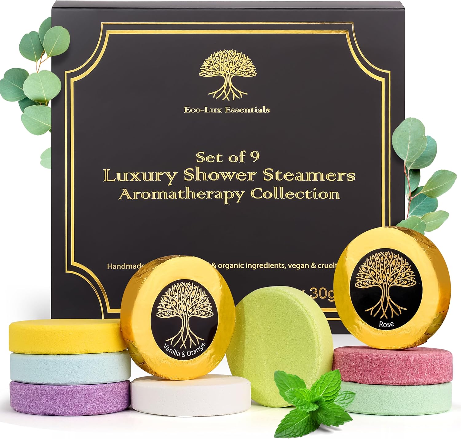 Shower Steamers Aromatherapy – Pack of 9 Natural Shower Bombs with Essential Oils – Assorted Scents for Relaxation, Stress Relief & Energy – Spa Gift Set for Women & Men