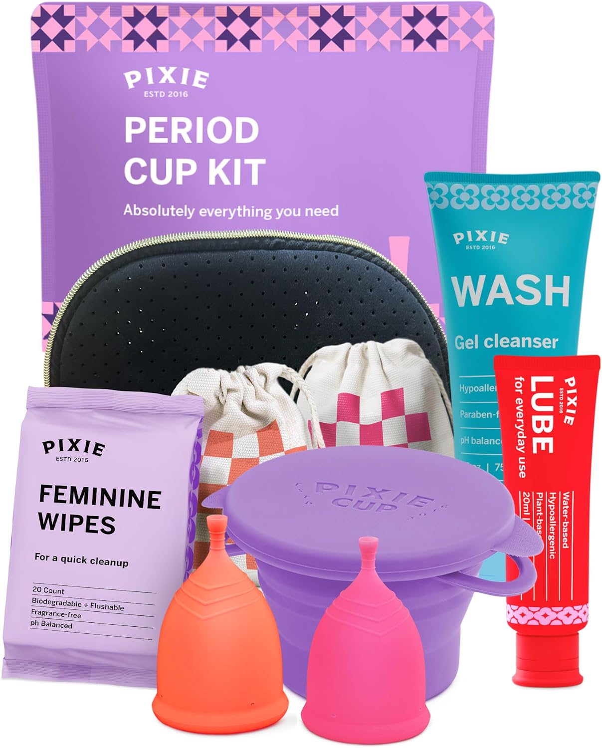 Pixie Menstrual Cup Kit - Best Period Cup Starter Kit - Proven to Be What You Need to Become A Successful Cup User - No Metals or Toxins - 100% Medical-Grade Silicone - Tampon Alternative