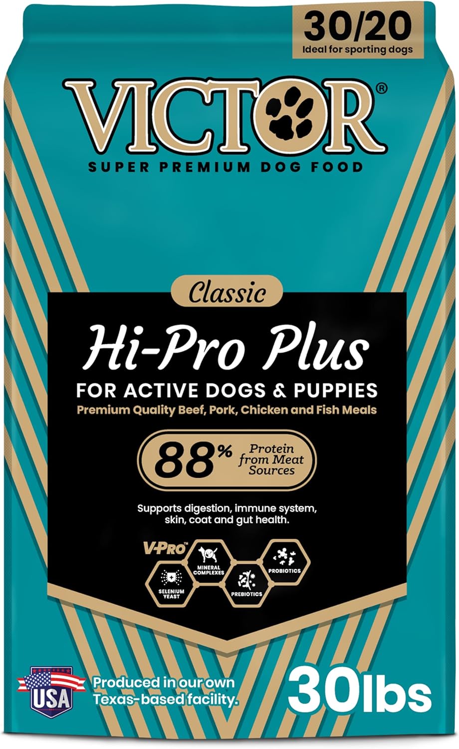 VICTOR Super Premium Dog Food – Hi-Pro Plus Dry Kibble – High Protein Dog Food with 30% Protein – Beef, Chicken, Pork, Fish Meals, Gluten Free - for High Energy and Active Dogs & Puppies, 30lbs
