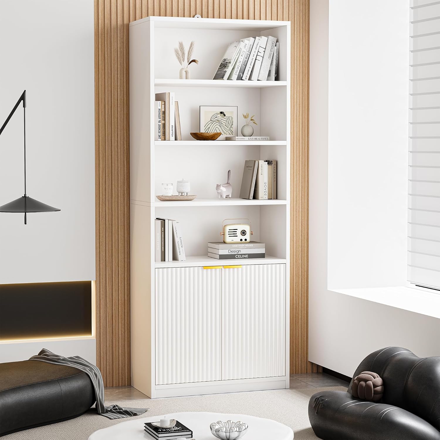 72" Tall Book Shelf Bookcase with Doors, Floor Standing 7 Tier Bookshelf Display Shelves, Bookshelf with Storage Cabinet, Home Decor Furniture for Living Room Bedroom and Home Office
