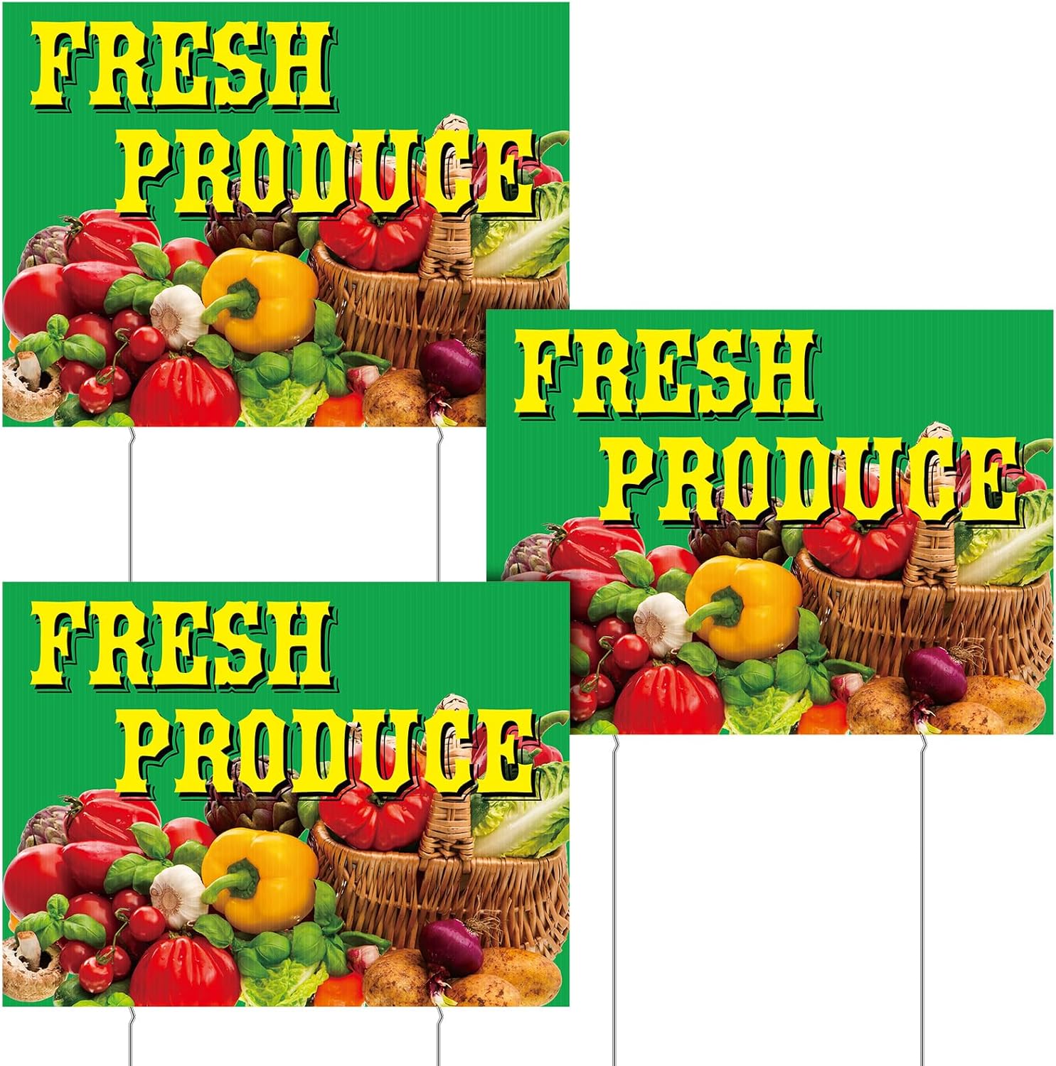 3 Pcs Fresh Produce Sign with Metal Ground Stakes 12 x 16 Inch Vegetable Sign Double Sided Outdoor Yard Signage Corrugated Plastic Event Signage for Outdoors Business(Green)