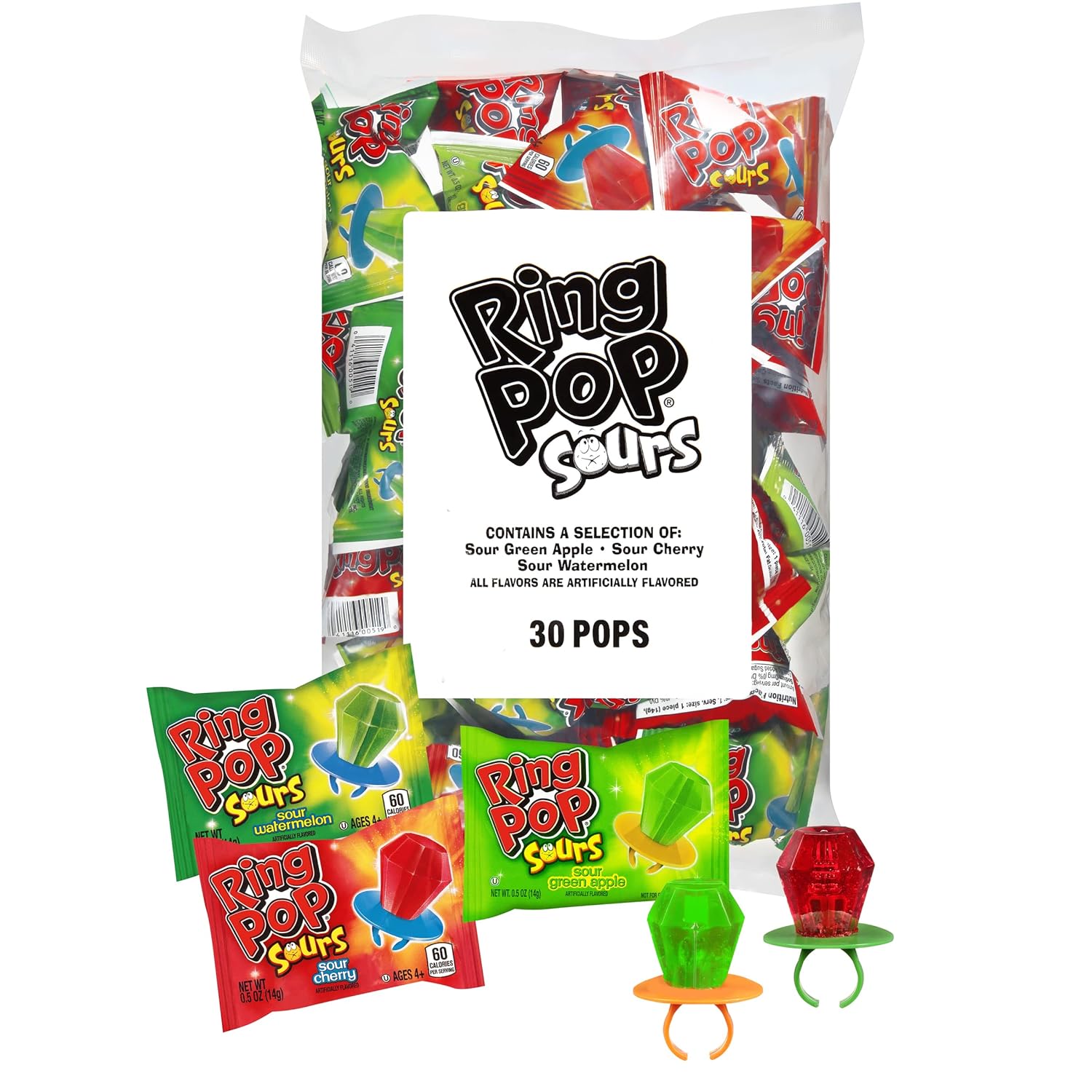 Ring Pop Bulk Sour holiday Candy Lollipop Variety Party Pack – 30 Count Lollipops w/ Assorted Flavors - Candy For Birthdays, Party Favors, Stocking Stuffers, holiday Gifts