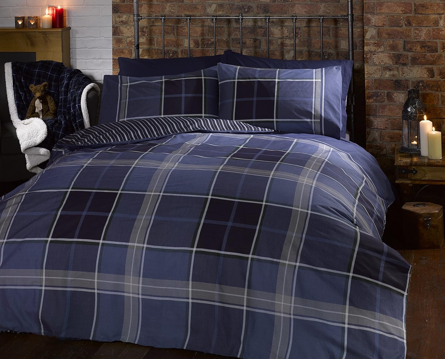 Argyle Single Quilt Duvet Cover and Pillowcase Reversible Bedding Bed Set, Tartan Check - Blue