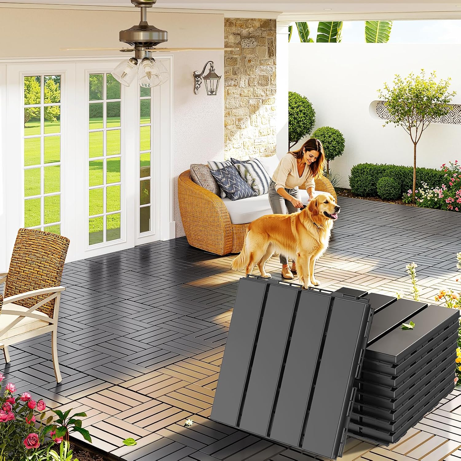 Goovilla Plastic Interlocking Deck Tiles, 9 Pack, 12"x12" Each, Dark Grey
