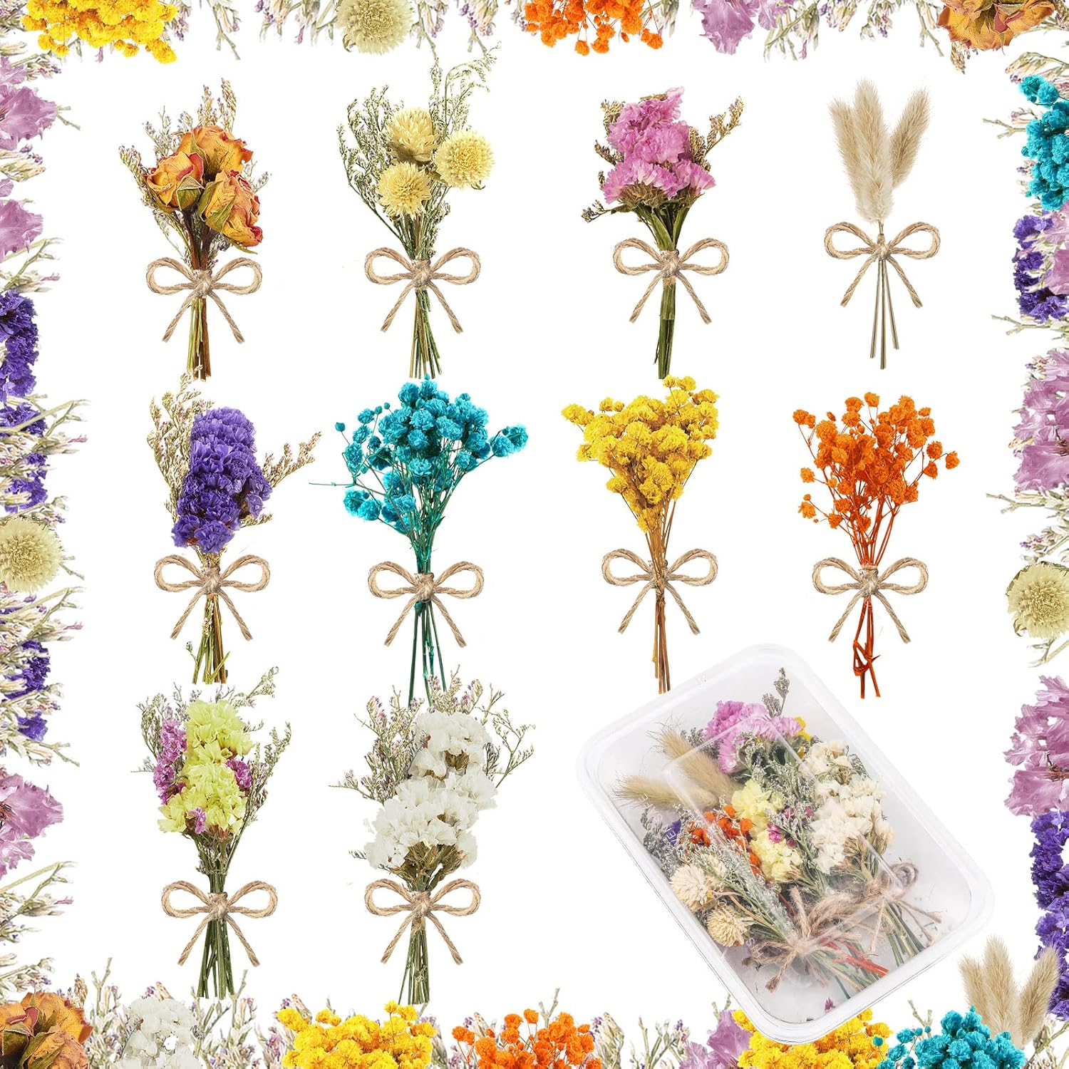 Tallew 10 Pcs Mini Dried Flowers Bouquet Natural Gypsophila Don't Forget Me Dried Flowers Bouquet Plant Stem Bunch for DIY Craft Card Photo Props Vase Wedding Decor(Colorful)