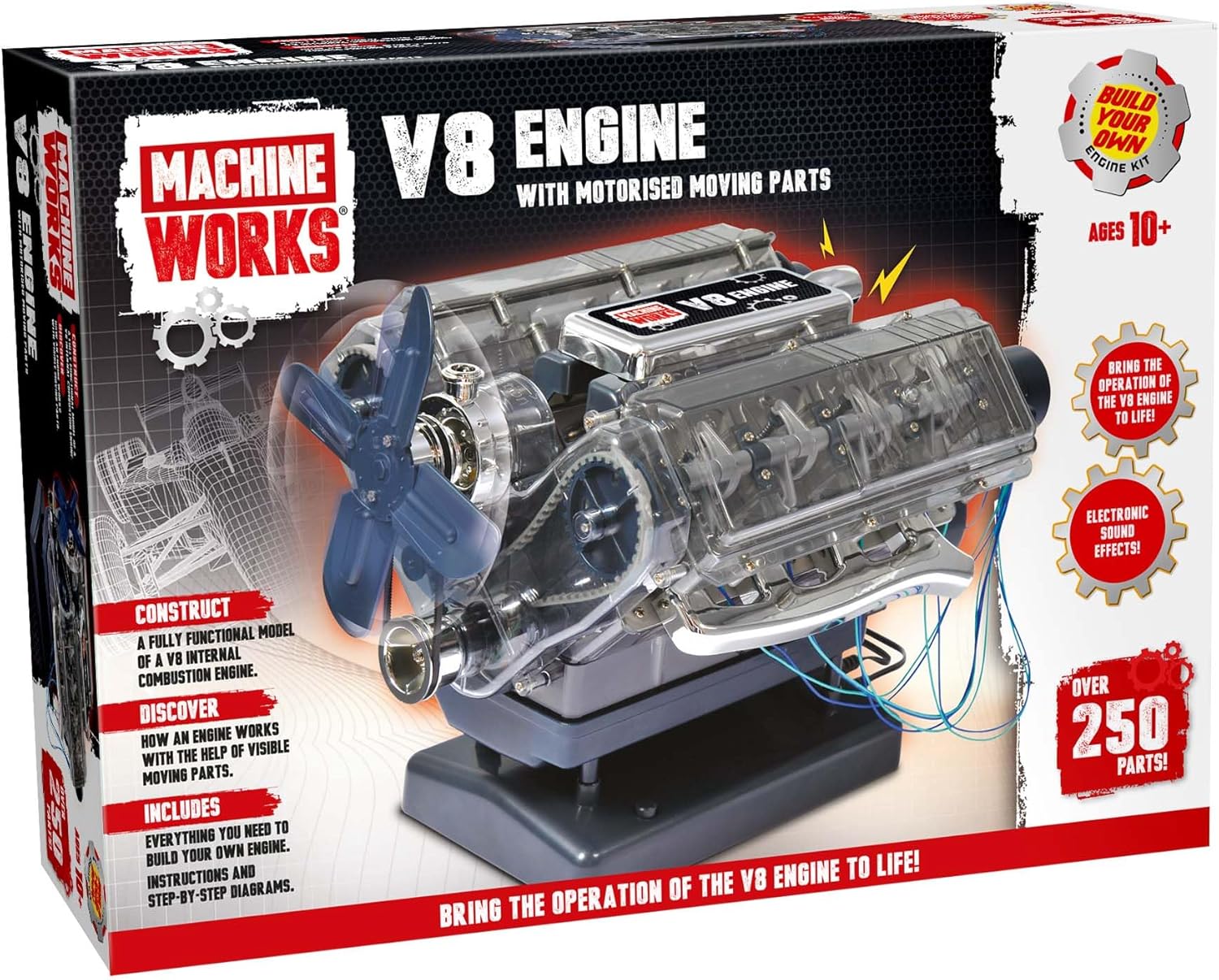 Machine Works Build Your Own V8 Engine Toy - Replica Model Building Kit - Features Augmented Reality, Sounds and Illumination, 4 Modes, 250+ Pieces, 10+ Years