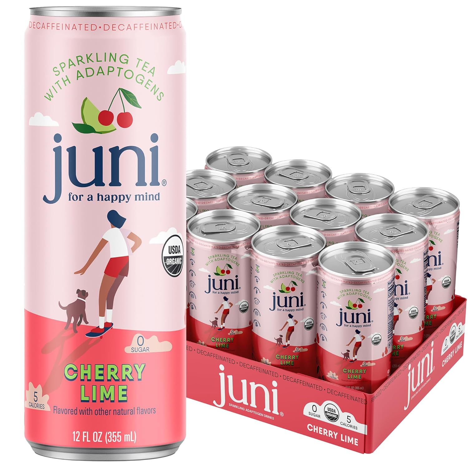Juni Sparkling Adaptogen Drink with Ashwagandha, Lion’s Mane & Reishi Mushrooms | Green Tea for Focus, Zero Sugar, 5 Calories | Decaffeinated, Non Alcoholic Drinks - Cherry Lime 12 pack