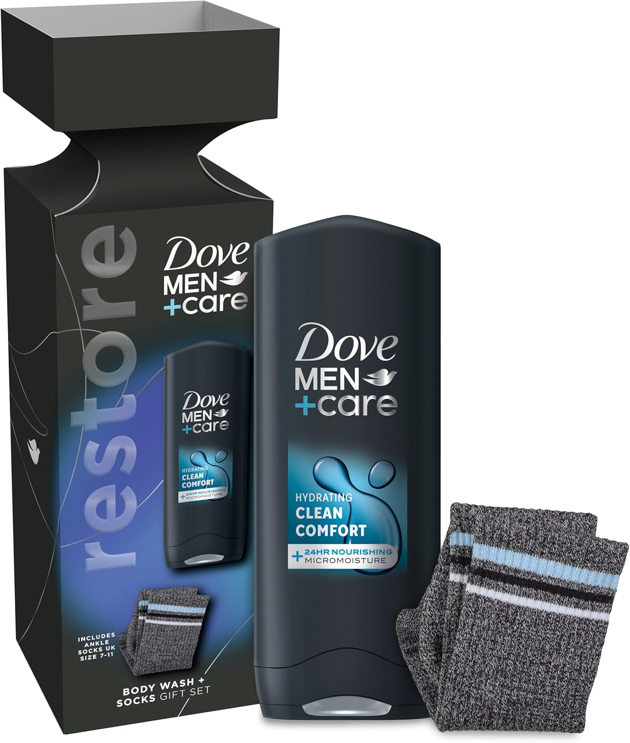 Dove Men+Care Body Wash & Socks Gift Set 3-in-1 hair, face & body wash and socks in a stylish box perfect gifts for men 1 piece