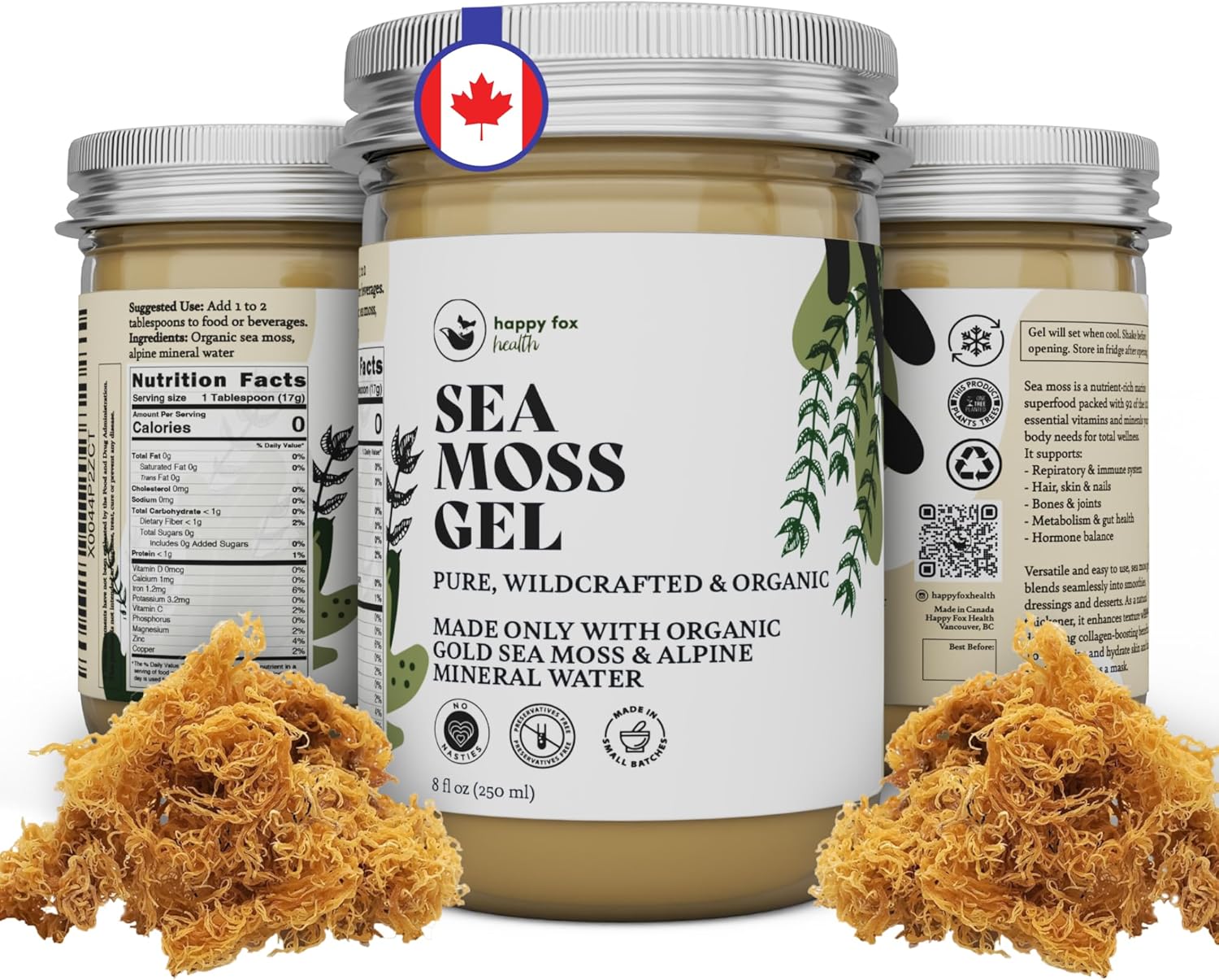 HAPPY FOX Organic Sea Moss Gel Made from Real Seamoss & Alpine Mineral Water. Pure Wildcrafted Sea Moss, Small Batch Made & Approved by Dr Sebi Sea Moss Gel. Shelf Stable, 8 fl oz.