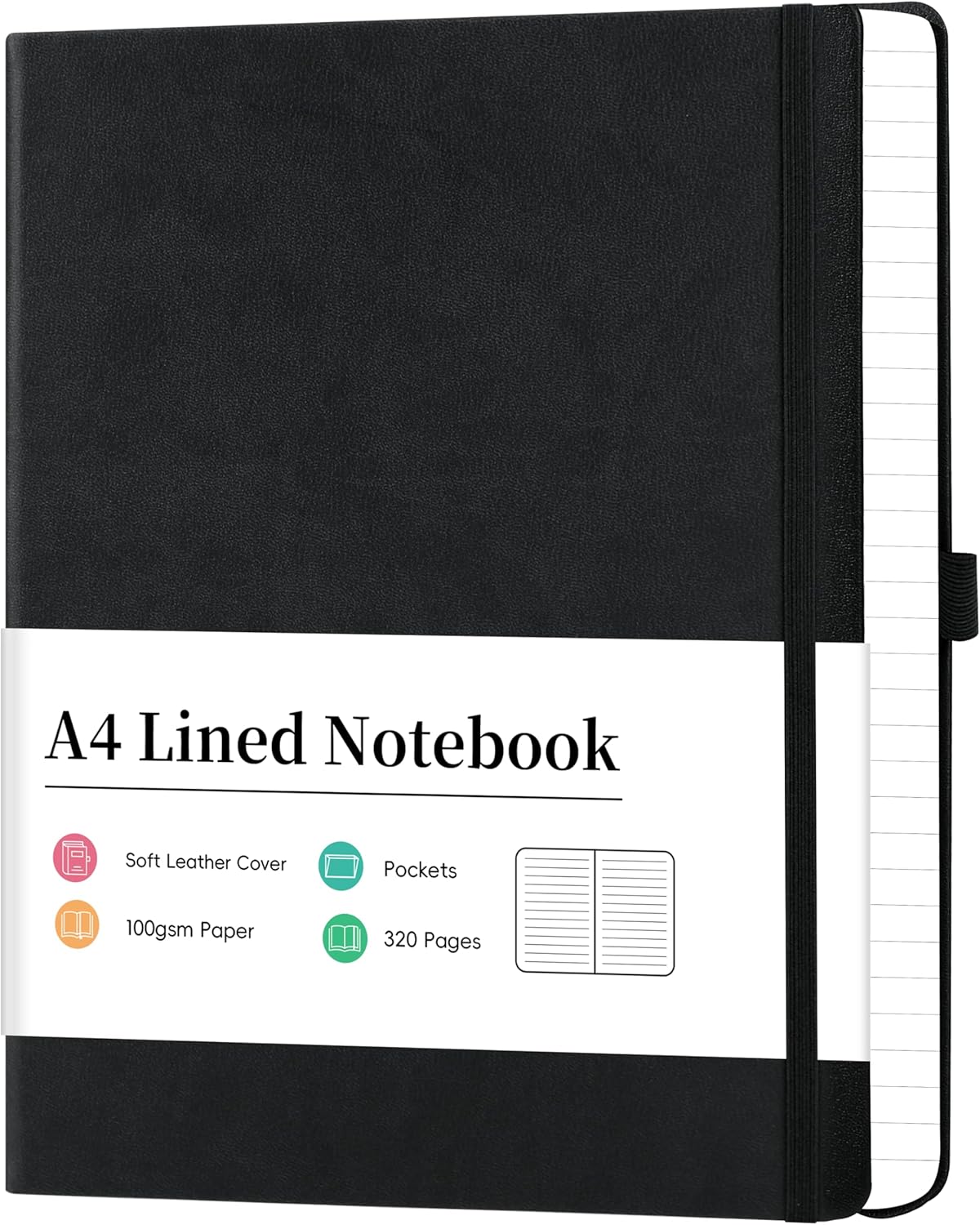 Artfan Notebook A4 - A4 Lined Notebook with 320 Pages Premium Paper, Faux Leather Classic Writing A4 Notebook Journal, 21.5 x 27.9cm, Hardcover, Black