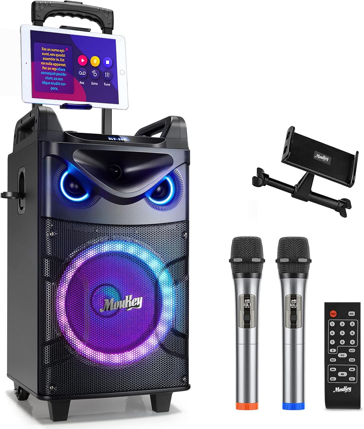 Moukey Karaoke Machine,10 Inch Subwoofer PA System,Bluetooth Speaker with 2 Wireless Microphones,Tablet Holder,Disco Lights,Remote,Wheels,Supports Bass/Treble Adjustment,TWS/REC/AUX/MP3/USB/FM/TF