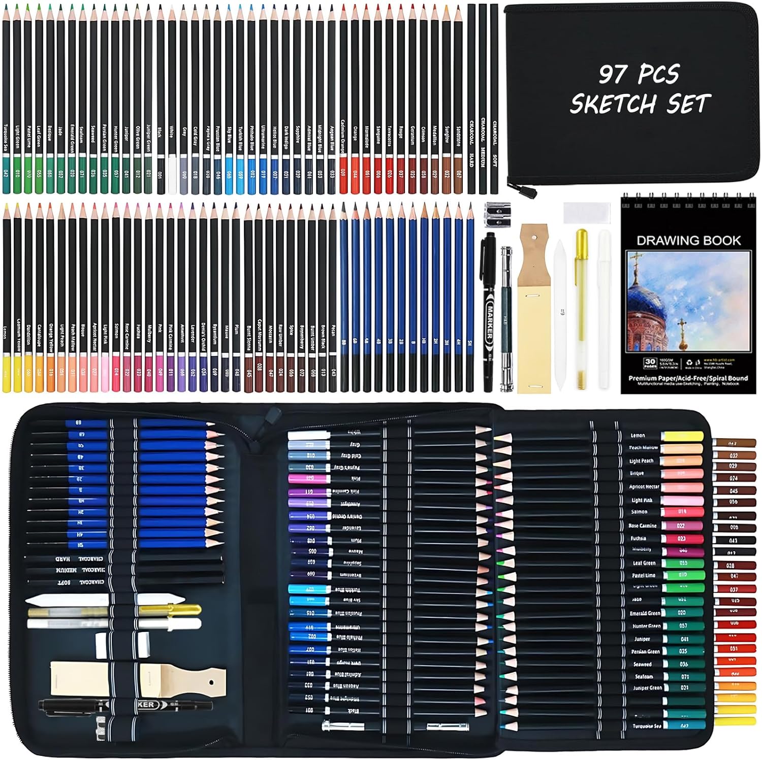 Cozii 97 Drawing Sketching Coloring Set, Pro Art Supplies with Sketchbook, 72 Soft Core Colored Pencils, Sketch, Charcoal Pencils, Drawing Set for Adults Teens Beginner