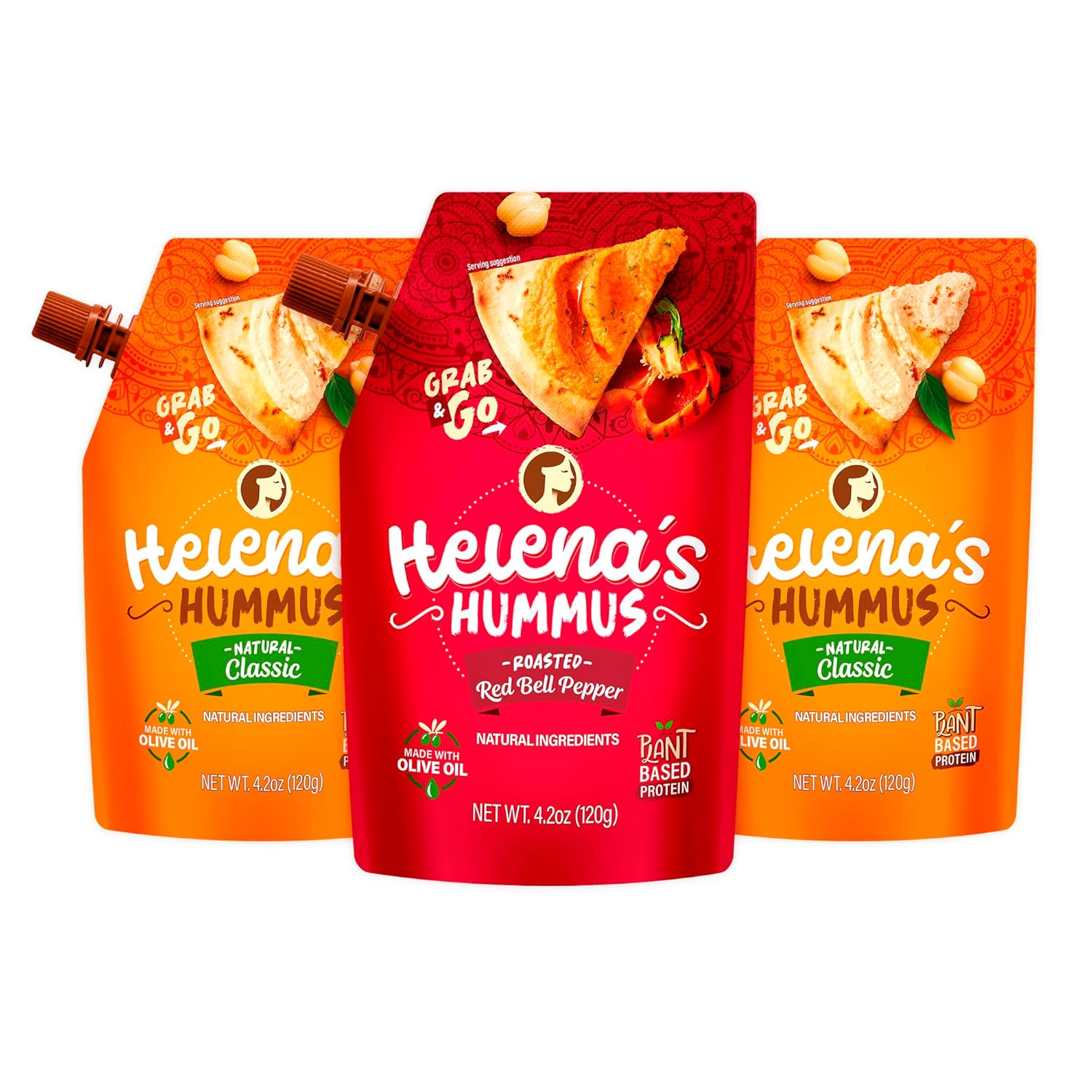 Helena Hummus Tripack, Shelf-stable, No added preservatives, 2 Natural Classic 4.23 oz and 1 Roasted Bell Pepper 4.23 oz (Pack of 1 Tripack)