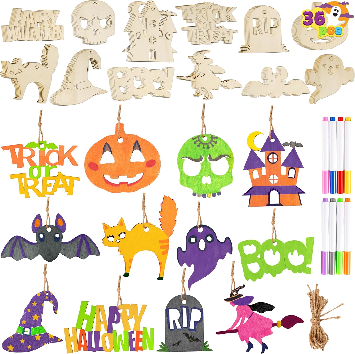 JOYIN 60 Pcs Halloween Craft Wooden Painting Kit, Halloween Party Supplies, Party Favors for Kids, Wood Blank Cutouts Ornaments, Gift Tags Decor for School Art DIY Activities Goodies Games