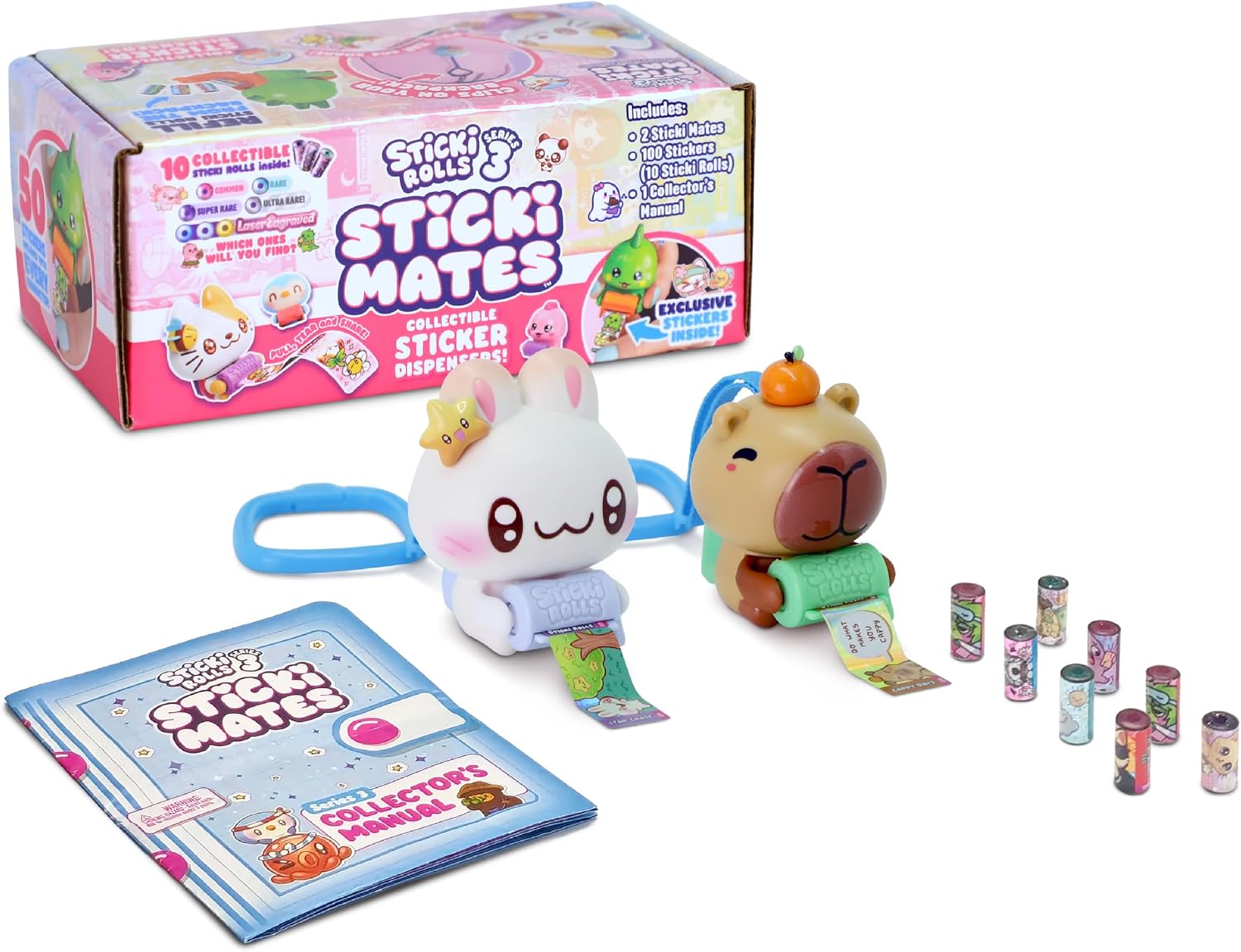 Sticki Rolls Sticki Mates - Collectible Sticker Dispenser 2-Pack - Ages 5+ | Stardust/BunBun & Happy Cappy, 50 Stickers & Backpack Clip, Kids Travel Play Activity, 3-Inch Mini Characters