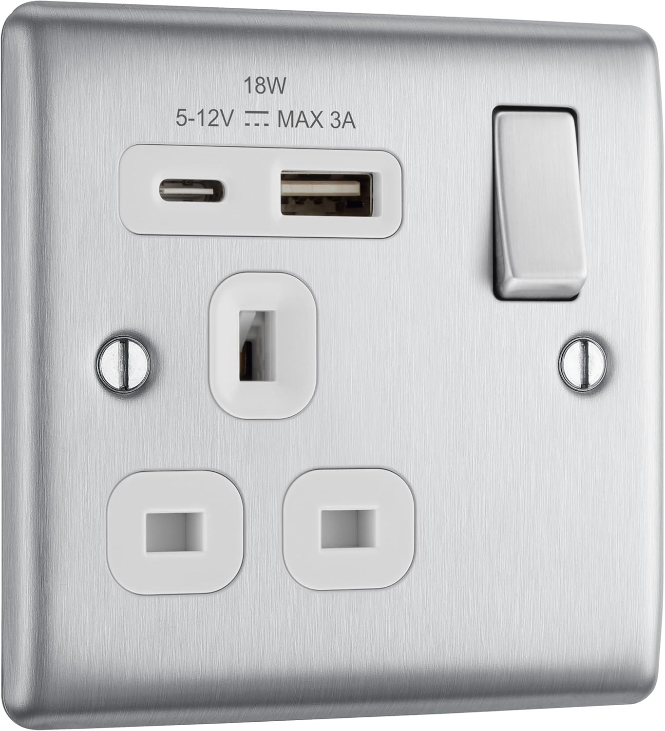 BG Electrical 18W Single Switched Power Plug Wall Socket with Type A USB and Type C USB Charging Ports, Fast Charge, Round Edges, Nexus Metal, Brushed Steel, White Inserts, 13A, NBS21UAC18W