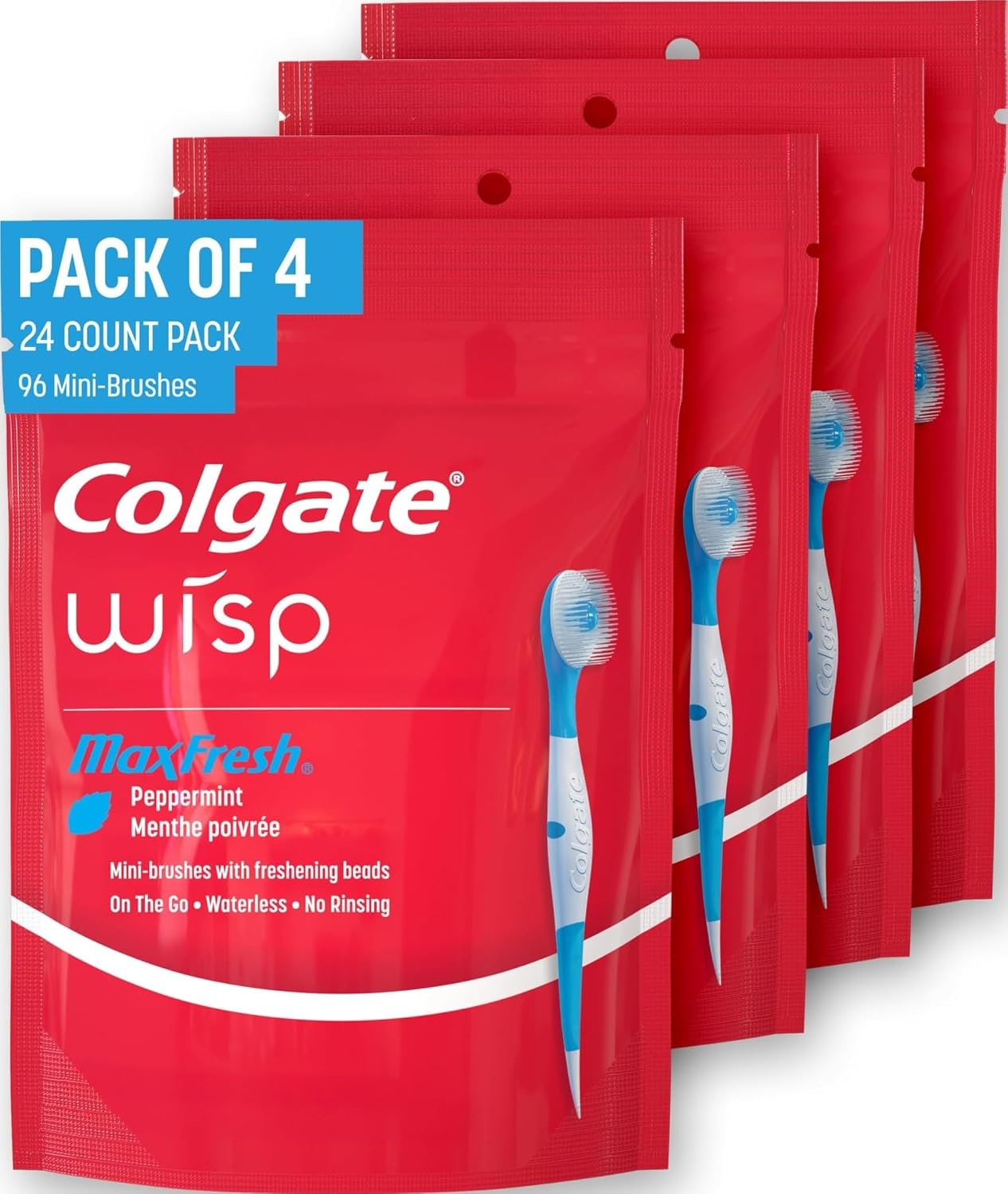 Colgate Wisp Disposable Toothbrushes for Travel, Pack of 4, 96 Total Count | No Water Needed, Mini Travel Toothbrushes, No Rinsing, Soft Pick for Hard-to-Reach Areas, MaxFresh Peppermint Flavor