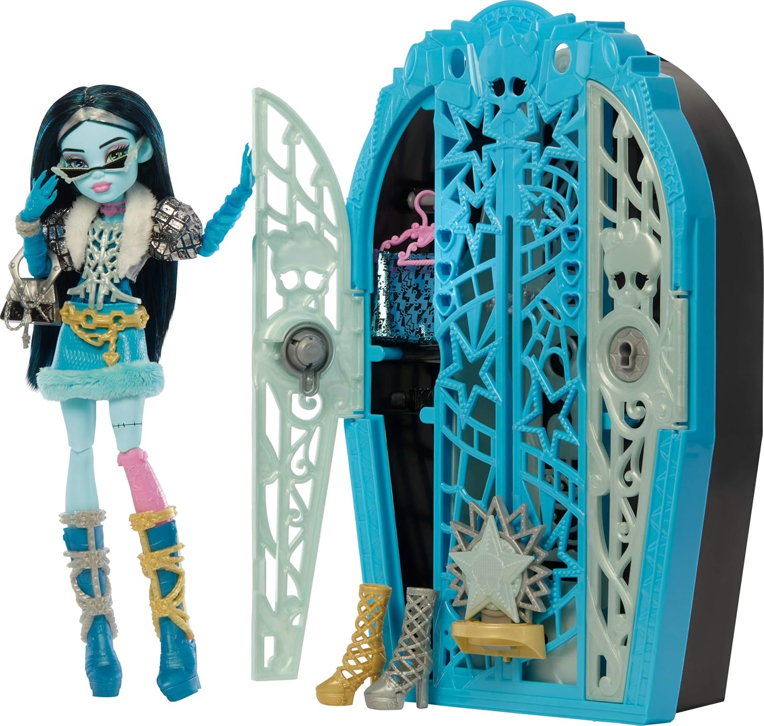 Monster High Skulltimate Secrets Doll and Accessories Set, Hauntlywood Mysteries Frankie Stein with Reveal Closet & 19+ Glam Surprises Like Doll Clothes