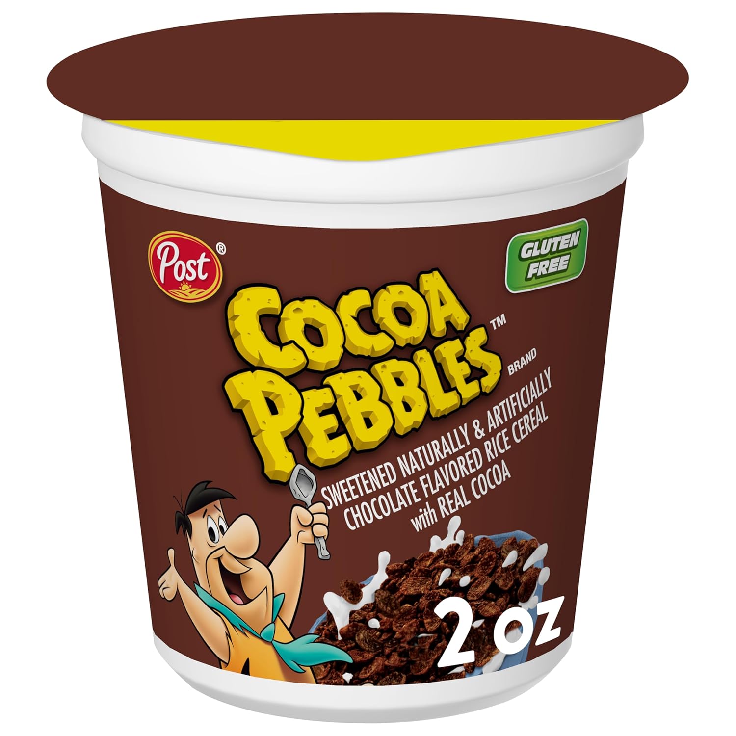 Cocoa PEBBLES Chocolatey Cereal, Gluten Free Rice Crunch, To-Go Snack, 2.0 OZ Individual Cereal Cup (Pack of 12)