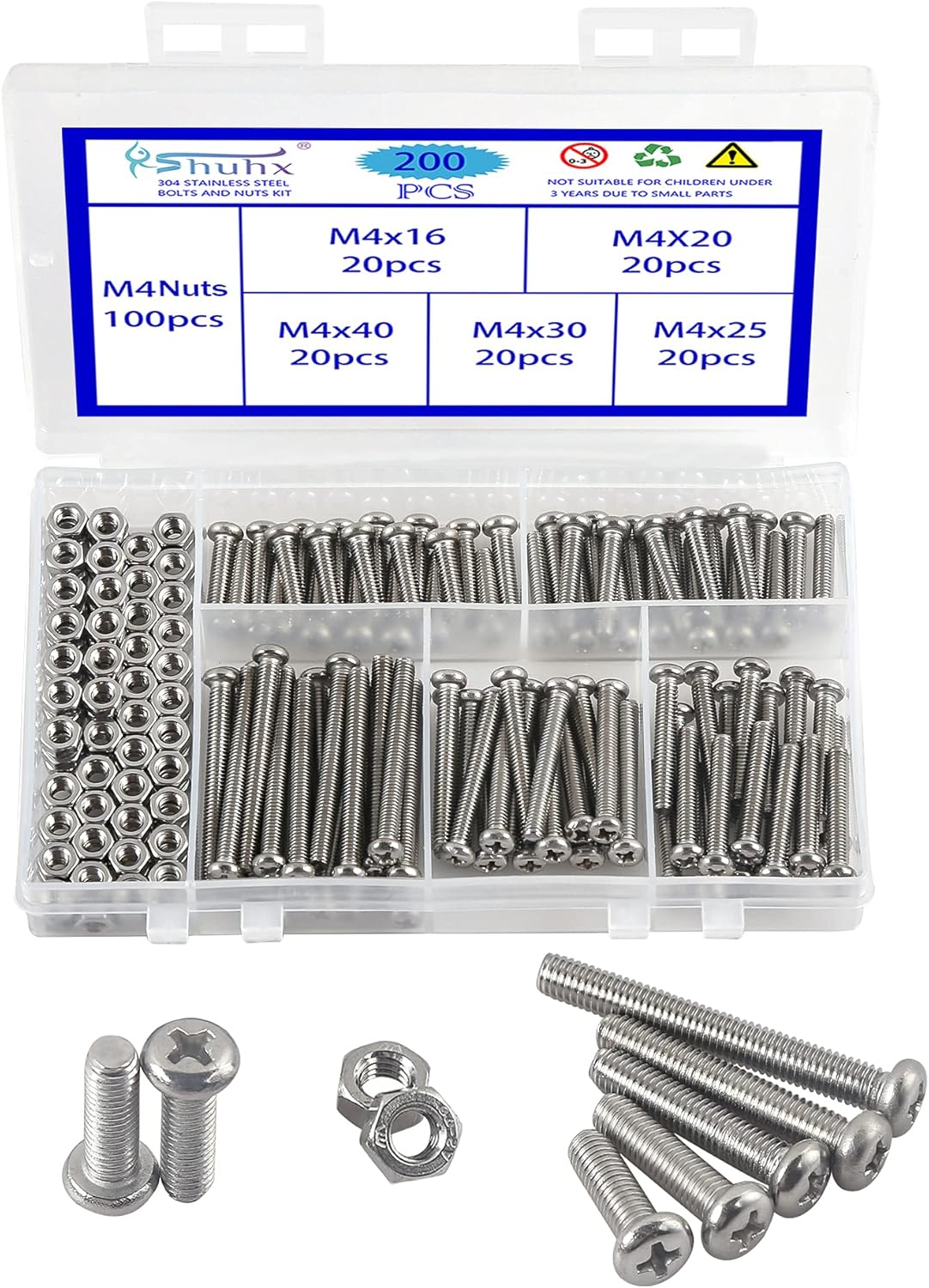 Rshuhx 200PCS M4 Bolts and Nuts Machine Screw and Nut 304 Stainless Steel Cross Pan Head Machine Round Head Screws Assortment Kit for Machine Furniture Toy Electronic Products Repair Fastener