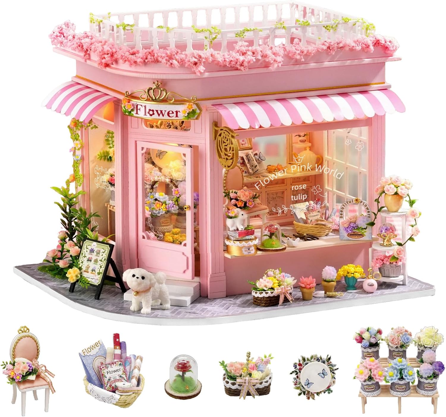 CUTEROOM Miniature House Kits For Adults, Mini Dollhouse Wooden Furniture Kit, Diy Craft Kits Creative Room Tiny House For Decoration-Colorful Flower Shop