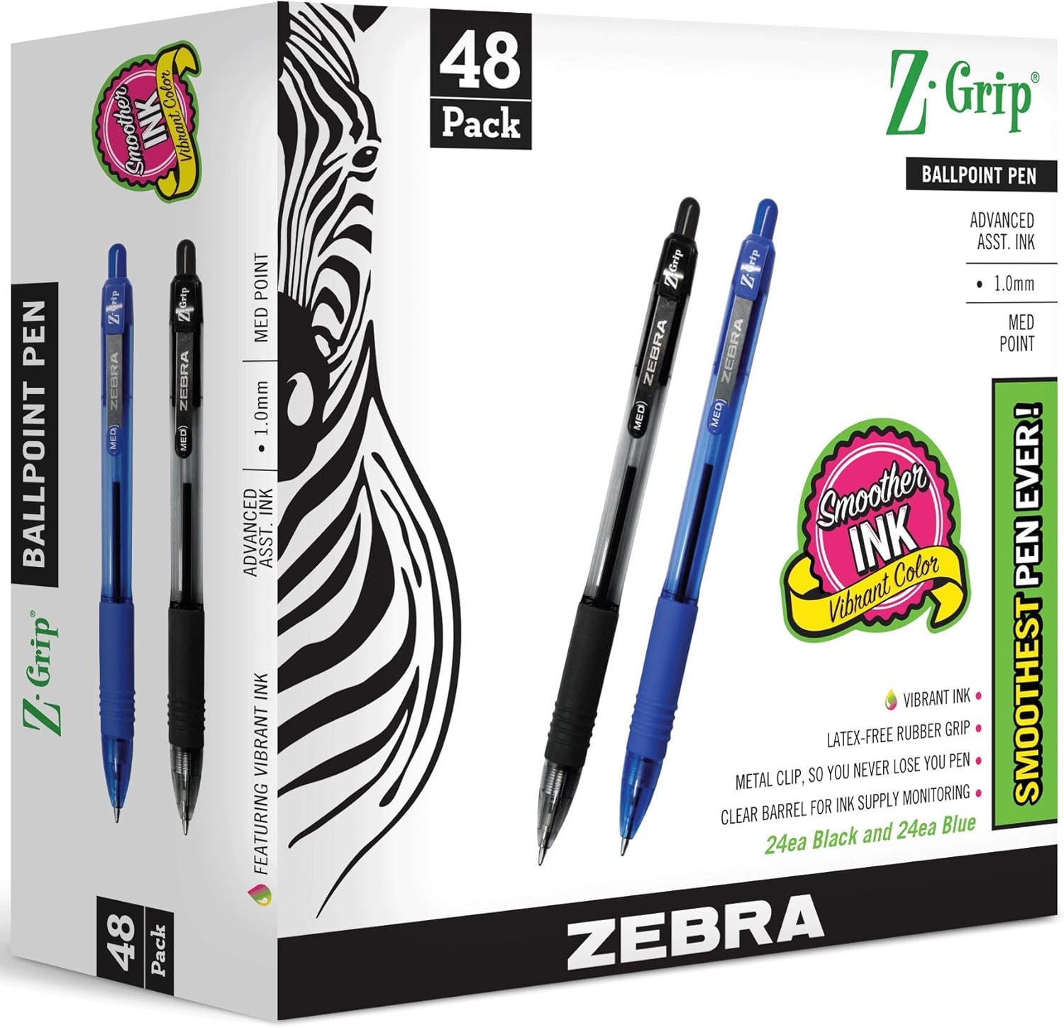 Zebra Pen Ballpoint - Bulk Pack Of 48 Z-grip Retractable Medium Point 1.0 mm, 24 Black Pens & 24 Blue Pens Combo Pack