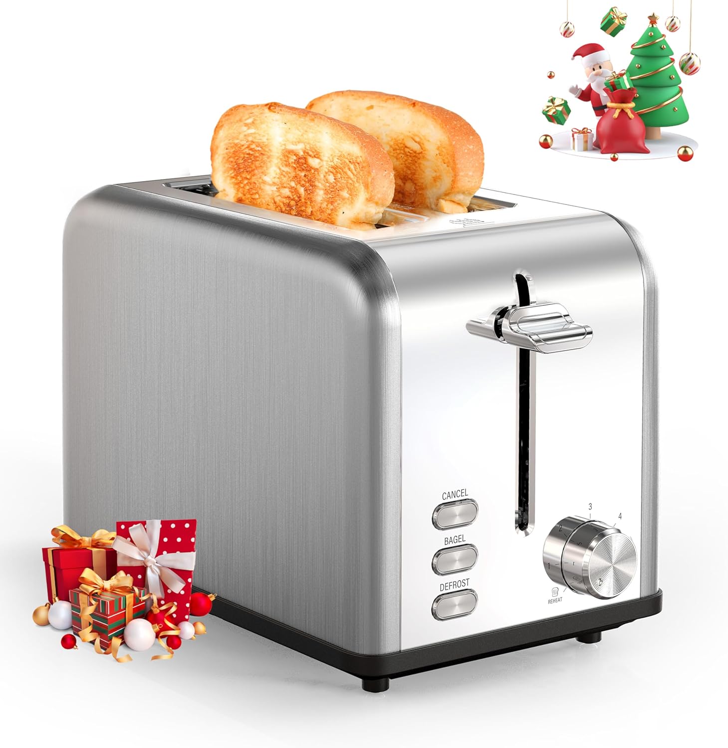 YSSOA 2 Slice Stainless Steel Toaster, 6 Shade Settings and Bagel/Defrost/Cancel Functions, with Extra Wide Slot & Removable Crumb Tray, for Various Bread & Waffle, Silver New