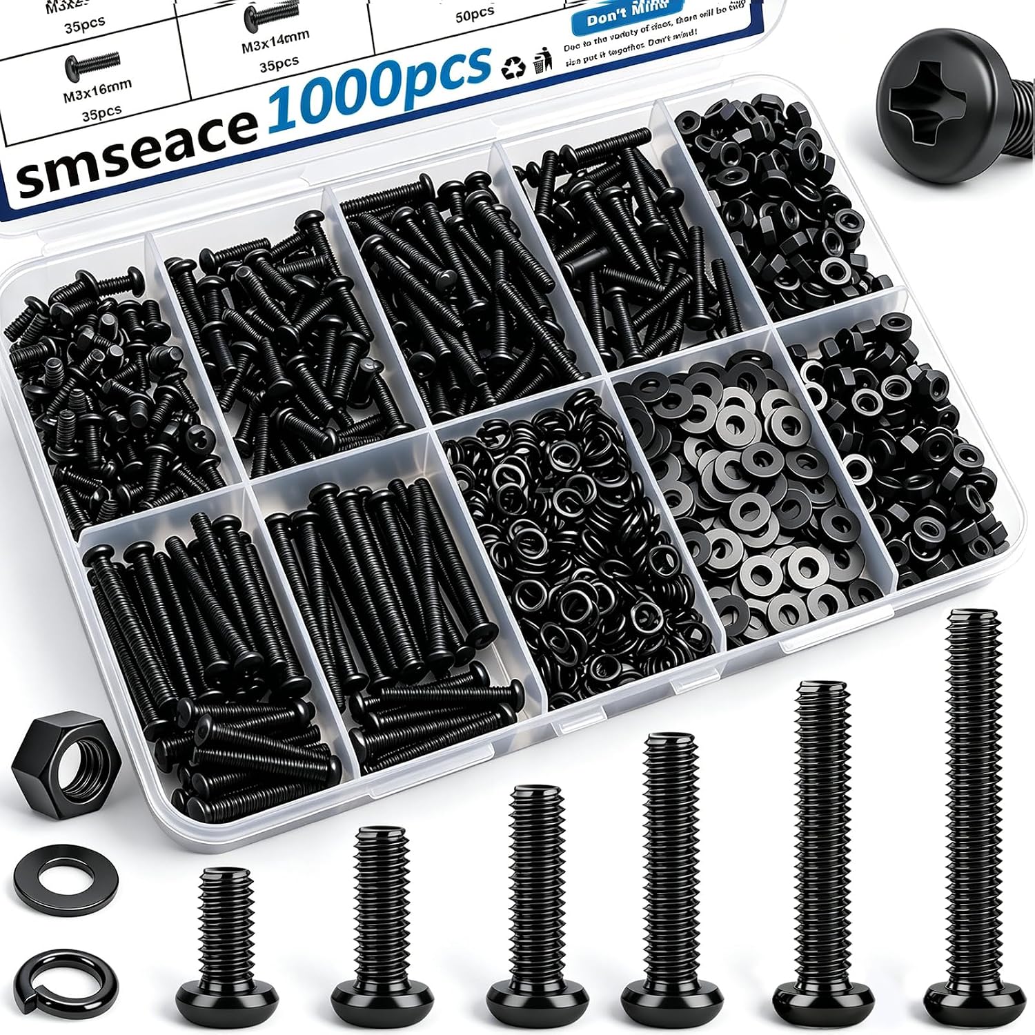 1000Pcs Black M3 Screws with Nuts Assortment Kit Nuts M3x6/10/14/16/20mm 5-Sizes Bolt Washer Assortment Kit for Machinery, Furniture, Automotive,DIY, 3D Printer, Motorcycle Repairs