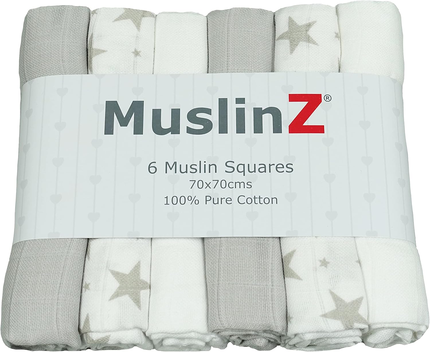 MuslinZ 6pk Baby Muslin Squares - Baby Burp Cloth - Newborn Essential mulit-use - Soft and Absorbent 100% Cotton 70x70cm… (Grey Star)