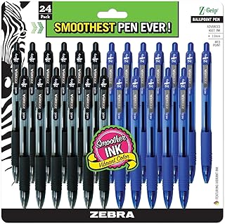 Zebra Pen - Bulk Pack Of 24 Ink Pens - Z-grip Retractable Ballpoint Pens Medium Point 1.0 mm, 12 Black Pens & 12 Blue Pens Combo Pack