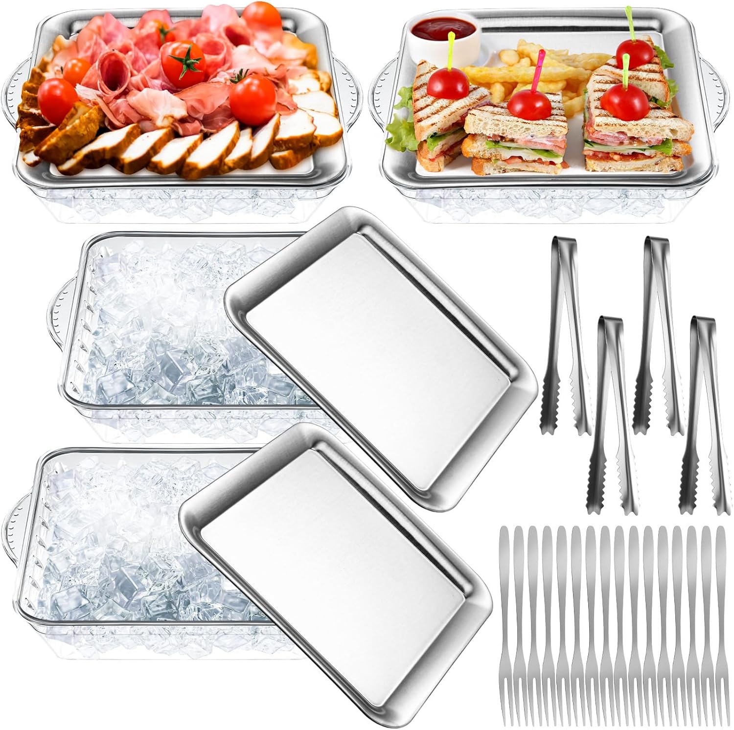 Baderke 4 Set 9" Chilled Serving Tray for Parties with Compartments Ice Chilled Party Platter Charcuterie Serving Board Cold Dish Dip with Forks Tongs for Fruit Seafood Vegetable Appetizer (Silver)