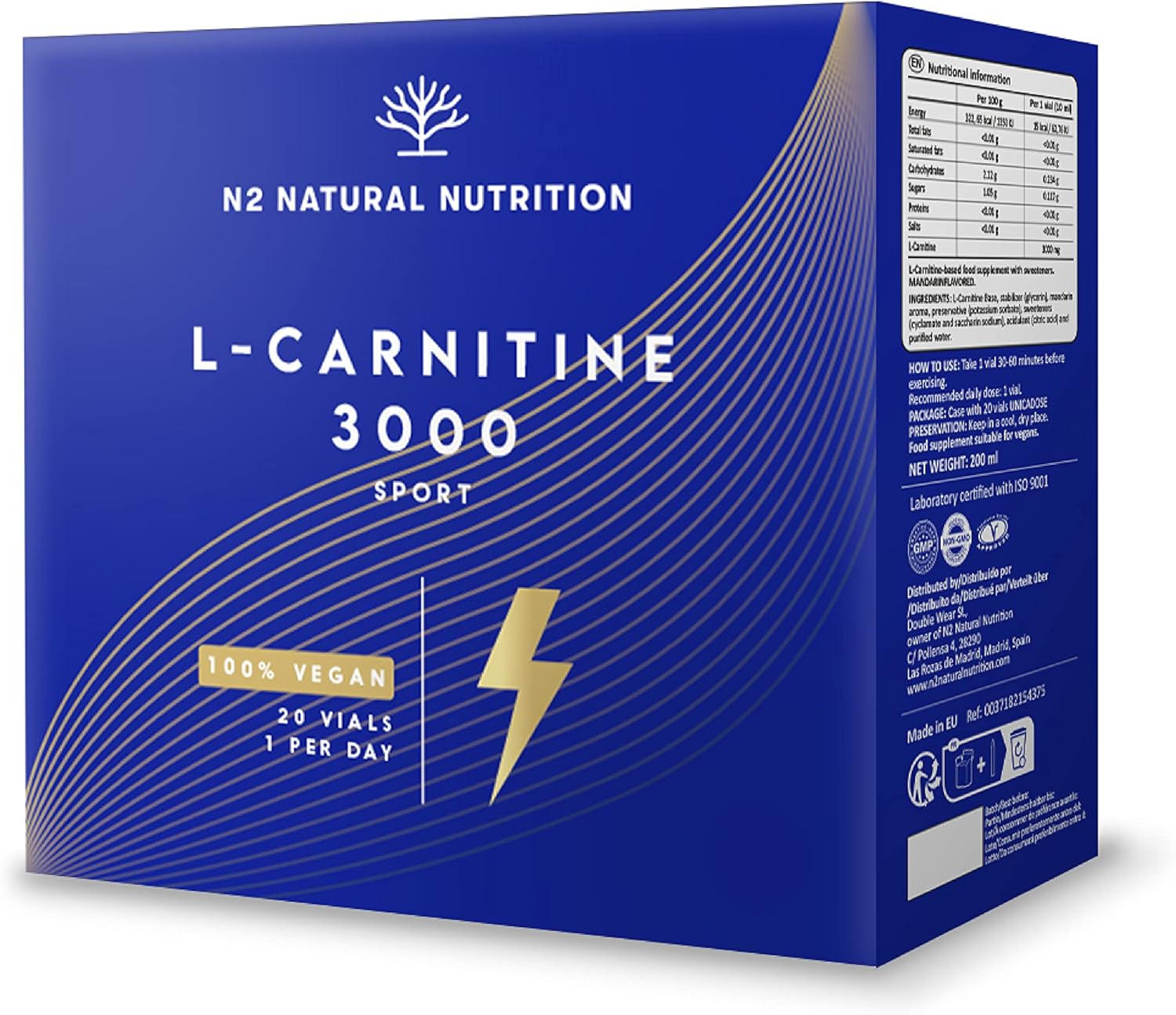 L-CARNITINE 3000 Pure 20 Ampoules Pre-Workout Booster. For Strength, Fitness, Sport. Vegan Certified CE. N2 Natural Nutrition